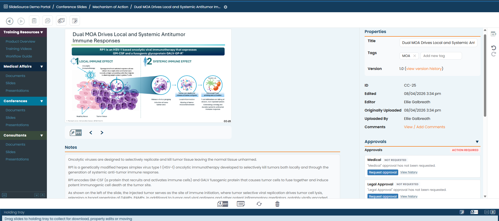 SlideSource Library slide detail view with supporting documents and version history