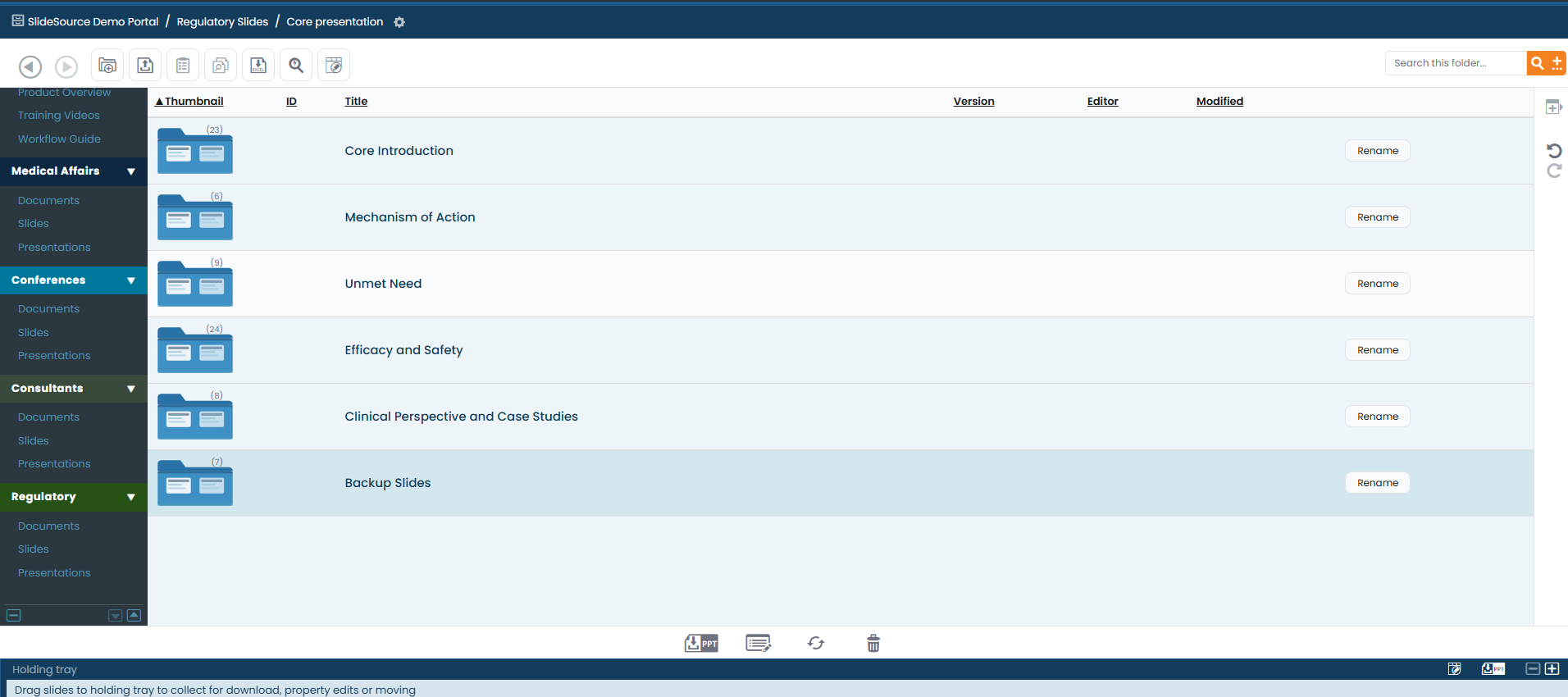 Regulatory meeting workspace with core deck and backup slides